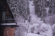 Snow falling around a cabin. 