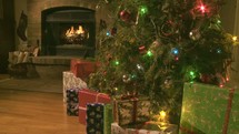 fireplace and Christmas tree and presents