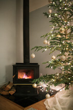 fireplace and decorated Christmas tree 