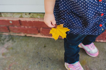 a toddler girl holding a fall leaf 