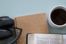 headphones, Bible, Bible study, notebook, journal, coffee mug, coffee