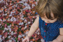 a toddler girl playing in fall leaves 