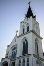 steeple on a white church 