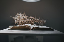 crown of thorns over an open Bible on a stand 