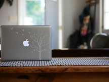 a laptop on a console table 