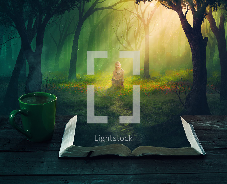 fantasy, book, reading, outdoors, woman, forest, sunlight, mug, path, magical, fairy tale 