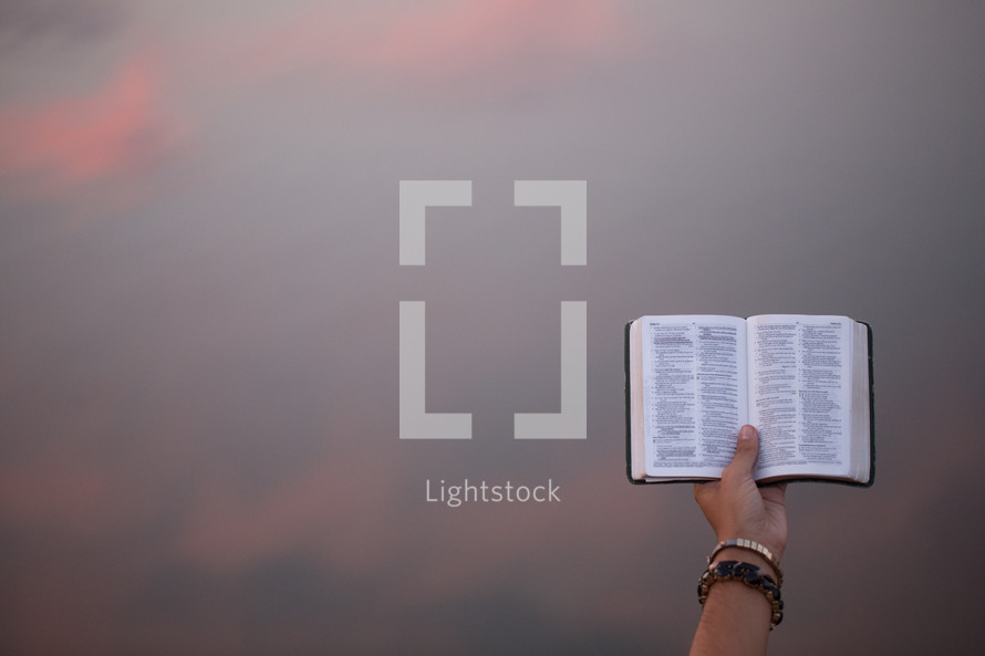 a hand holding a pocket Bible in the air 