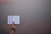 a hand holding a pocket Bible in the air 
