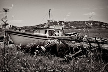 beached boat in the grass