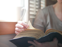 woman reading a Bible at a window seat in a coffee shop 