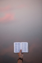 a hand holding up a pocket Bible 