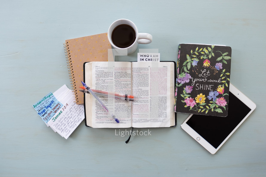 coffee, who I am in Christ, pages, open Bible, Bible, words, scripture, notecards, prayer requests, open Bible, journal, Bible study, prayer group 