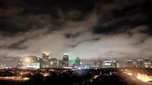 Timelapse of Dallas skyline at night.