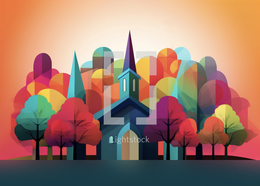 Colorful illustration of a small country church