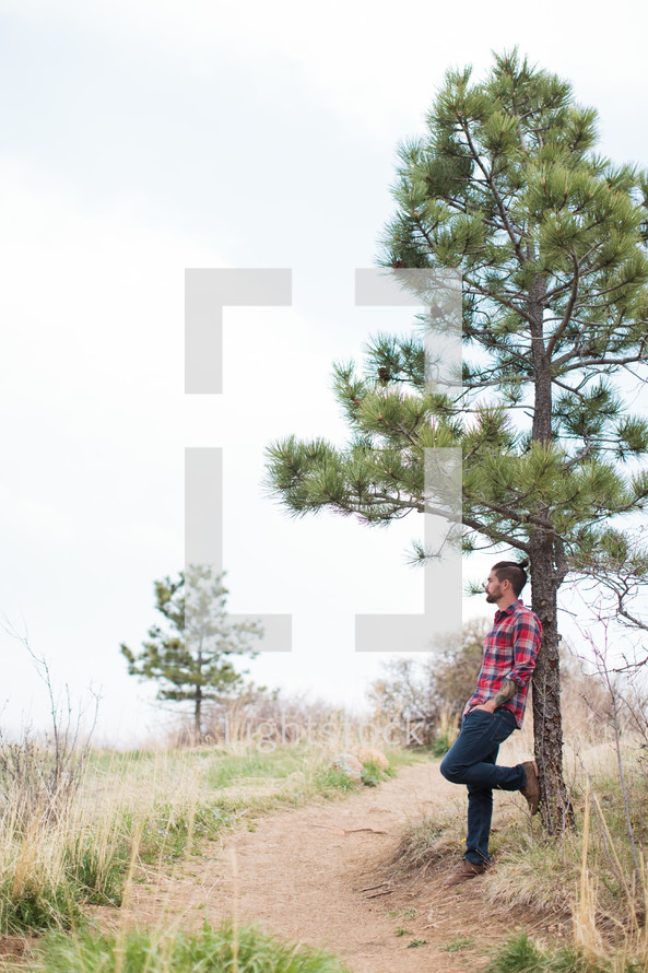 man in a plaid shirt leaning against a pine tree 