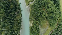 aerial view over a blue river 