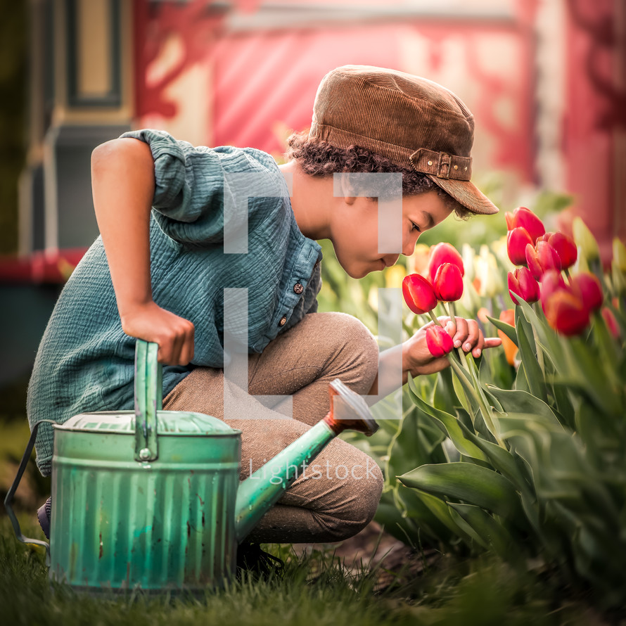 a boy smelling red tulips 