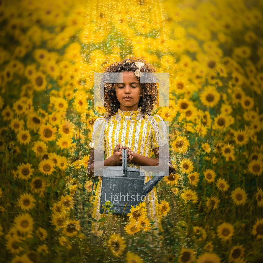 a girl standing in a field of sunflowers under a rain shower 