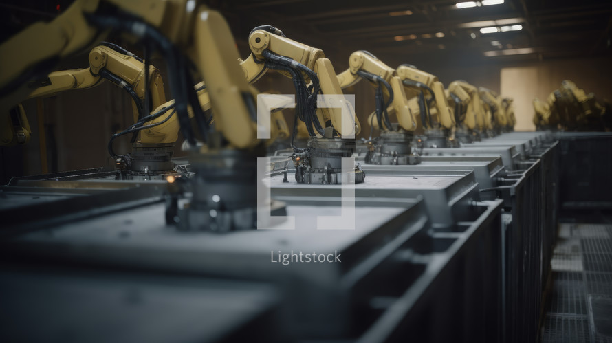AI generated image. Robotic arms operating at the industrial production line