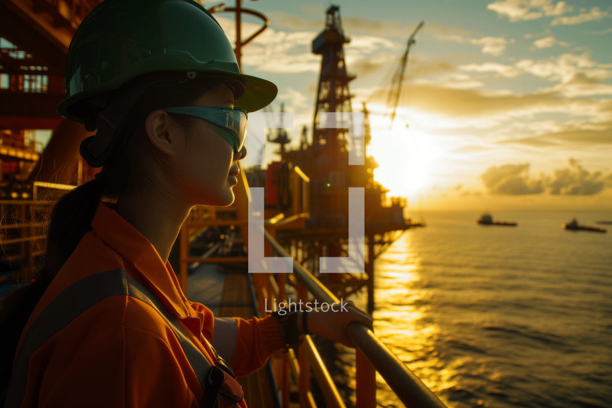 AI Generated Image. Female engineer working on a oil production site