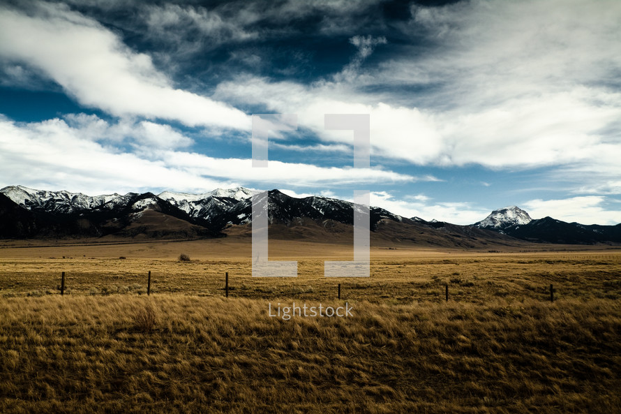 pasture in front of a snow capped mountain 