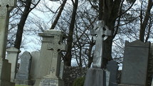 A close up of a very old cemetery that pans out to reveal a larger shot of the headstones and graves  