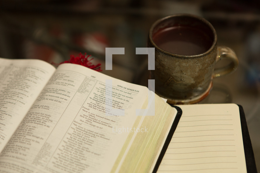 coffee mug, Bible, and journal
