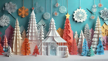 winter theme cut paper art with Christmas trees, snowflakes and a building that could be a gazebo or church