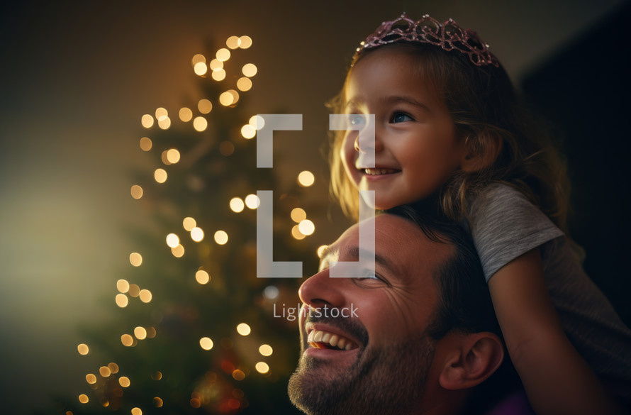 AI generated image. Girl on father’s shoulders wearing crown and enjoying Christmas magic next to the Christmas tree