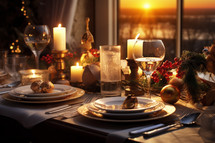 AI generated image. Christmas dinner table setting decorated with candles and Christmas ornament