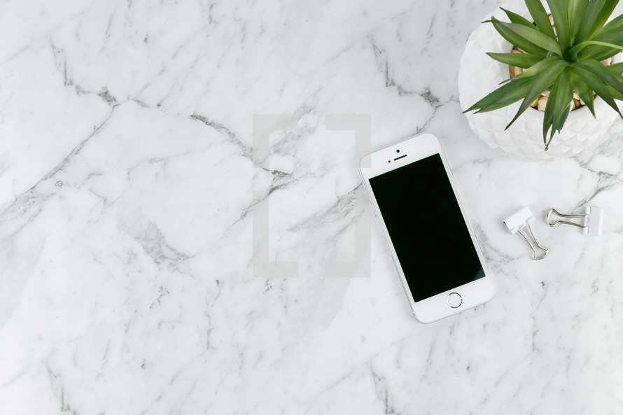 houseplant, cellphone on marble countertop 