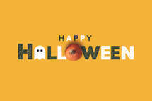 Happy Halloween Composition Text, Ghost Icon and Pumpkin Over Orange Horizontal Background with Copy Space
