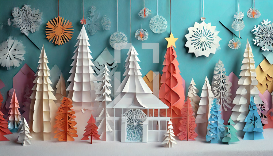 winter theme cut paper art with Christmas trees, snowflakes and a building that could be a gazebo or church