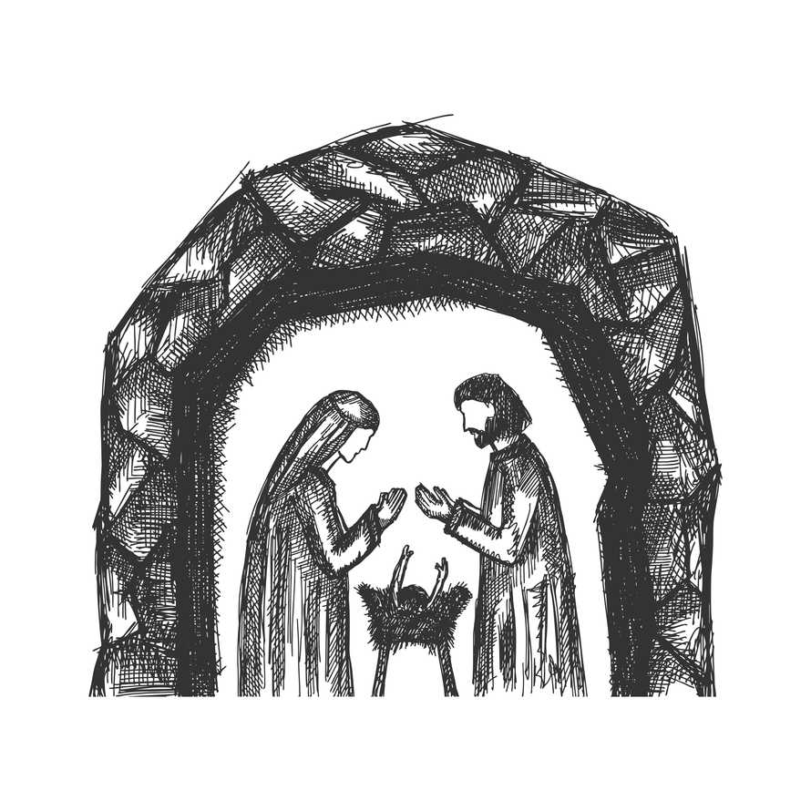 A drawing of a nativity scene. Joseph and Mary with little Jesus in a stable, a cave.