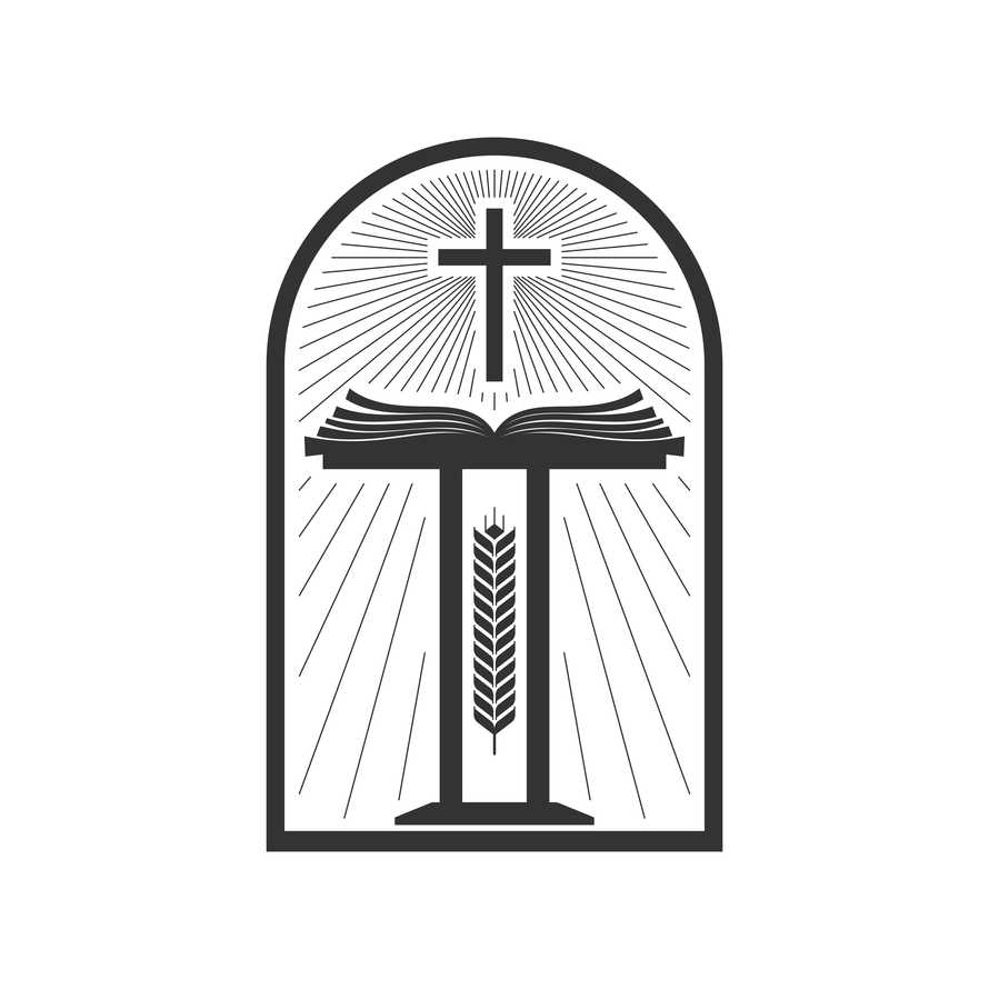 Christian illustration. Church logo. Bible pulpit and cross of Jesus Christ.