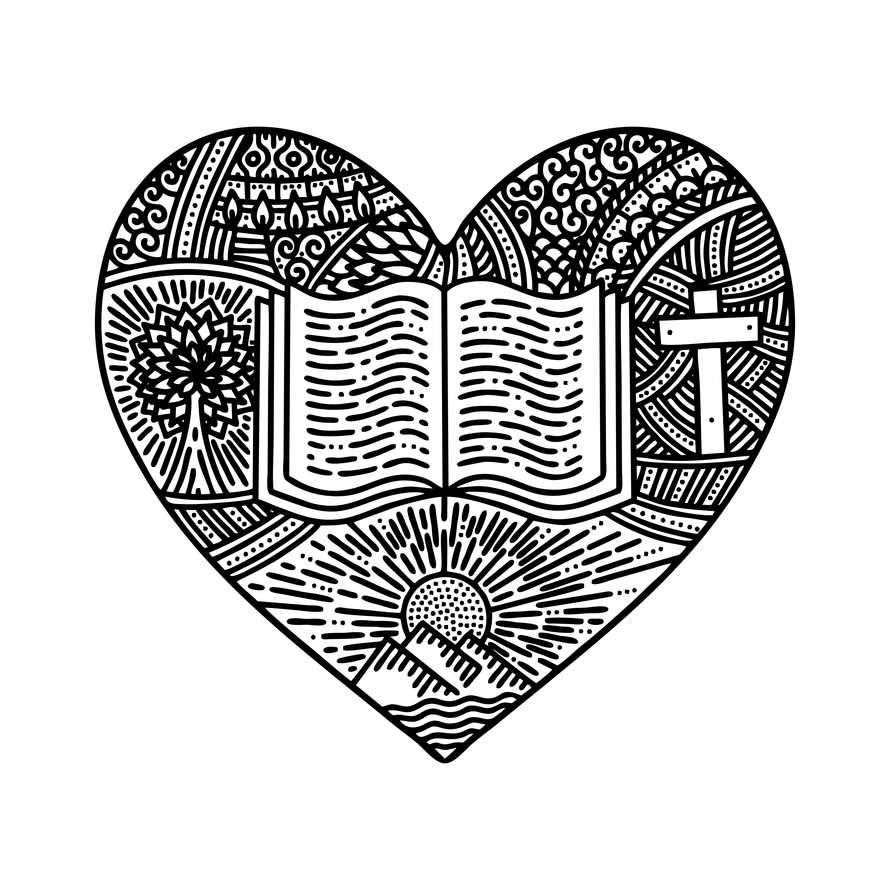 Vector doodle illustration. A hand-drawn heart, the Bible, the journey from creation to redemption.