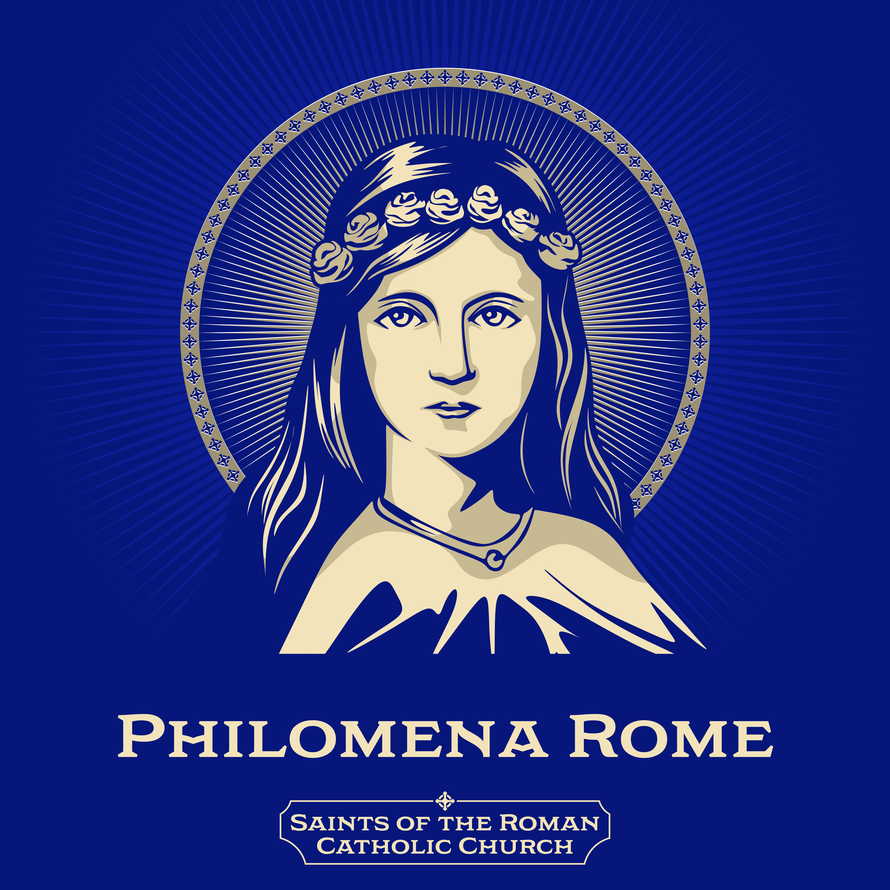 Catholic Saints. Philomena Rome (291-304) was a young virgin martyr whose remains were discovered on May 2425, 1802, in the Catacomb of Priscilla.