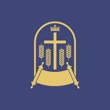 Christian illustration. Cross of Jesus Christ, crown, ears of wheat and an open scroll of Scripture.