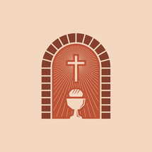 Christian illustration. Cross, holy chalice and bread.