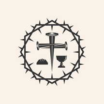 Christian illustration. A cross made of nails, symbols of Holy Communion framed by a crown of thorns.