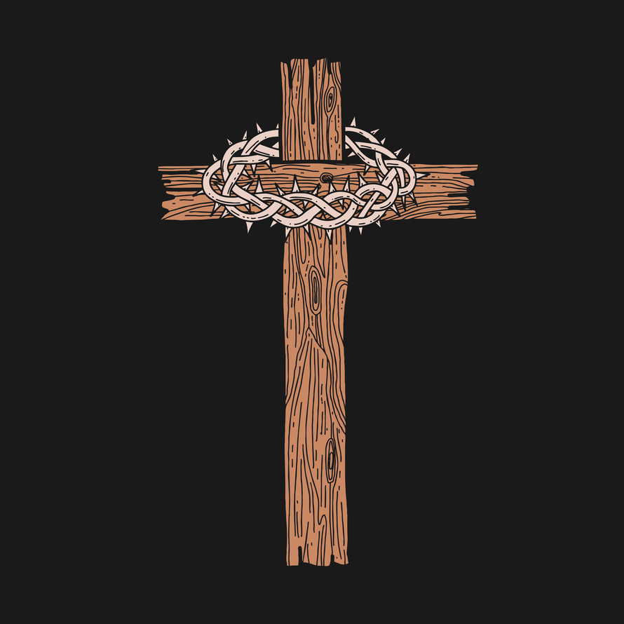Hand-drawn vector illustration for Easter. A wooden cross with a crown of thorns. A symbol of the crucifixion and resurrection of the Lord Jesus Christ.