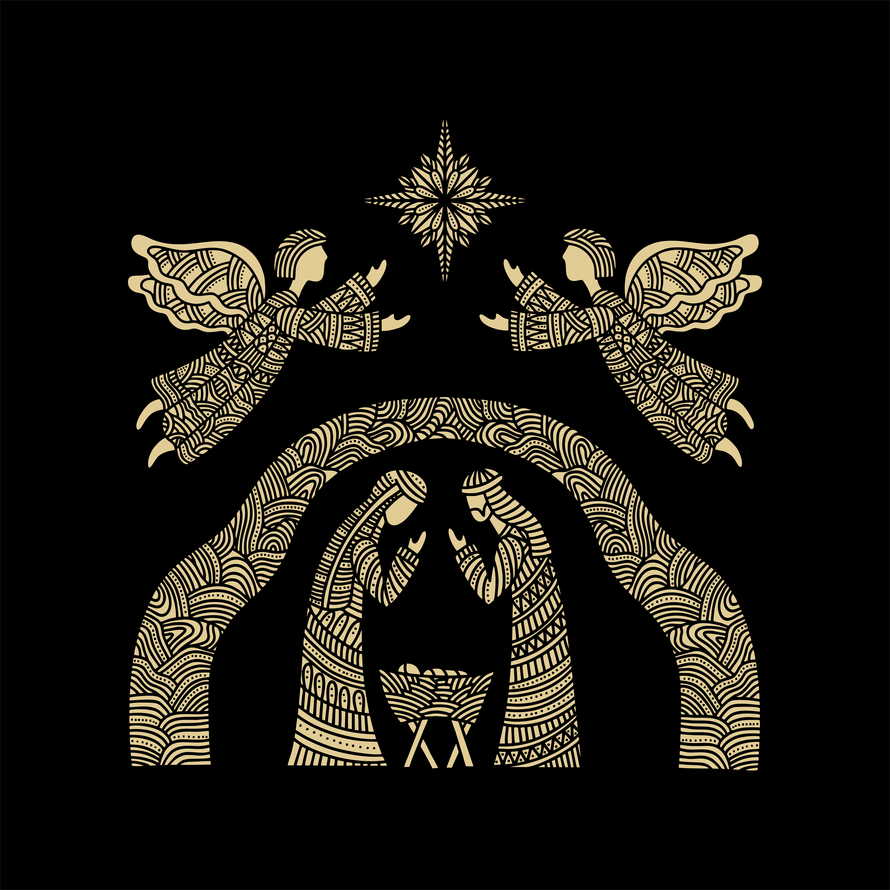 Doodle illustration. The Nativity scene. Joseph and Mary with the baby Jesus. Angels point to the star of Bethlehem.