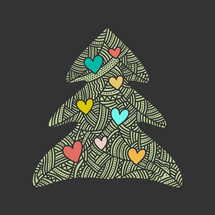 Vector illustration. Hand-drawn Christmas tree with hearts.