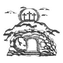Hand-drawn vector illustration for Easter. Three crosses on Calvary. Empty coffin after the resurrection of Jesus Christ.