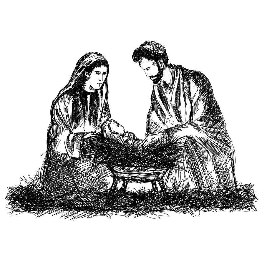 Nativity scene. Hand-drawn Mary and Joseph in a stable with the baby Jesus.