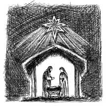 Nativity scene. Hand-drawn Mary and Joseph in a stable with the baby Jesus. The star of Bethlehem shines from above.