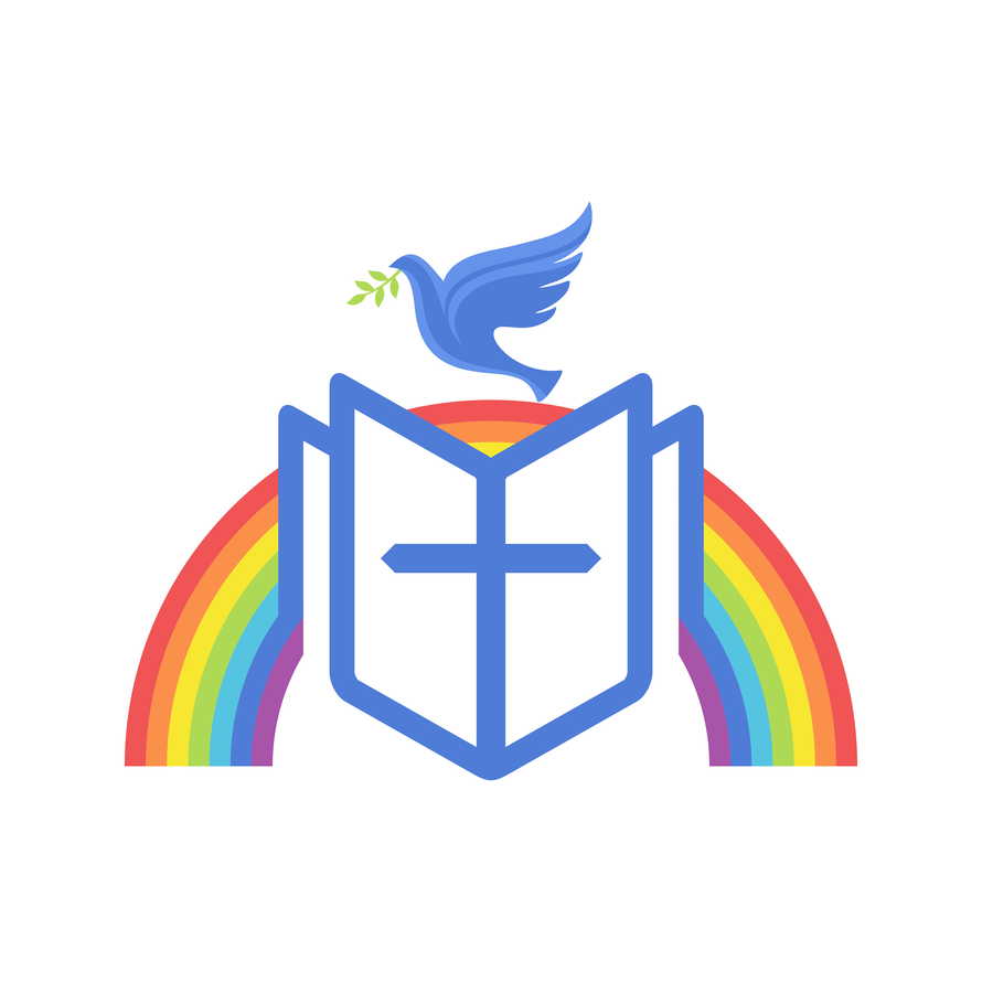 Biblical illustration. An open bible, a rainbow of the covenant, and a dove - a symbol of the Spirit.