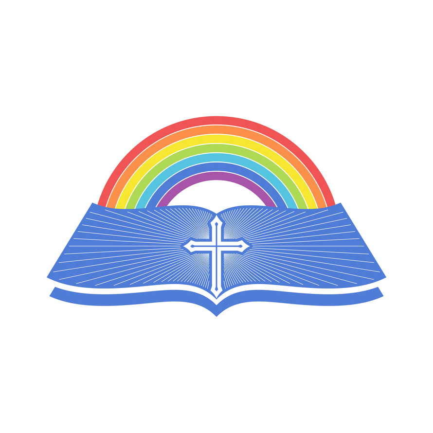 Biblical illustration. An open bible and a rainbow of the covenant.