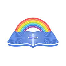 Biblical illustration. An open bible and a rainbow of the covenant.