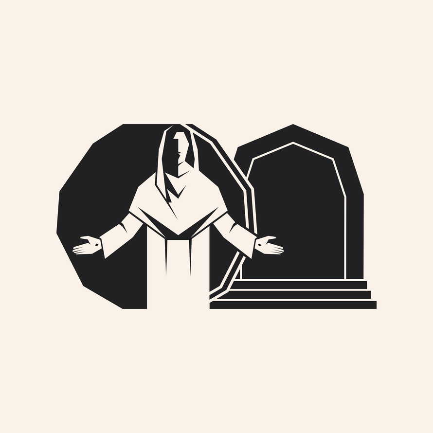 Resurrected Jesus Christ. An empty tomb and a rolled stone. Easter vector illustration.